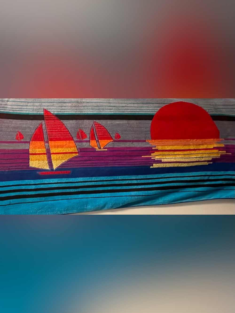 VTG 90s Ipanema Cecil Saydah Beach Towel Sailboat Sunset Horizon Graphic Cotton